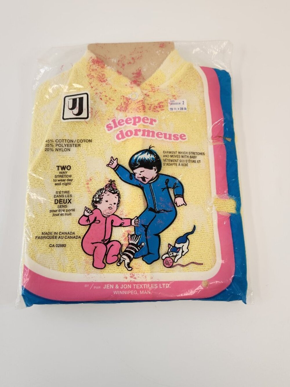 Vintage Jen & Jon Textiles Kids One Piece Sleeper Size 2 (20-28 lbs) Yellow NOS